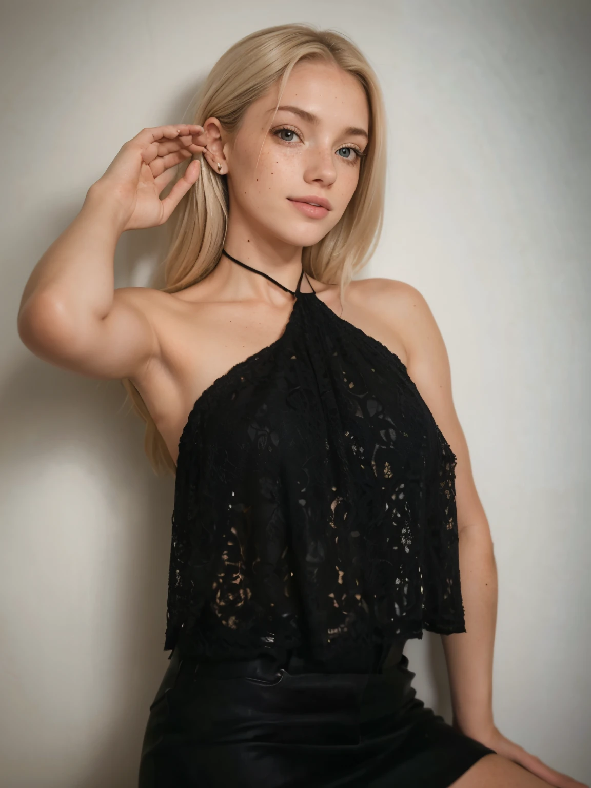 mulher, americana, 25 anos, pale skin and freckles, olhos cinzas, nariz delicado, soft and delicate lips, Cabelo blondie cinza longo e ondulados, sorriso meigo