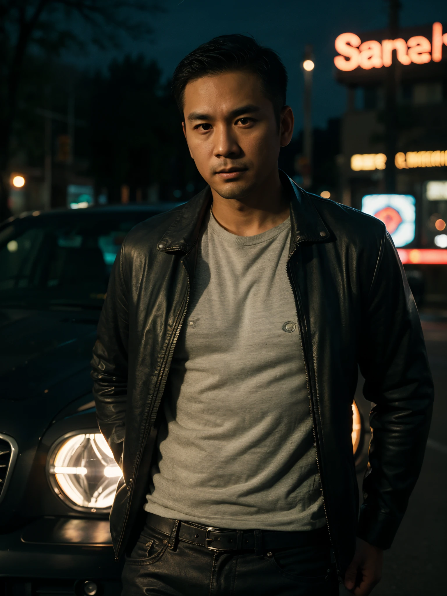 1 male, 32 years old, asian-american, crew cut, undercover, detective, in car, under the streetlights, leather jacket, at night, neon sign light, deep shadow, darkness, photorealistic, anamorphic lens flare