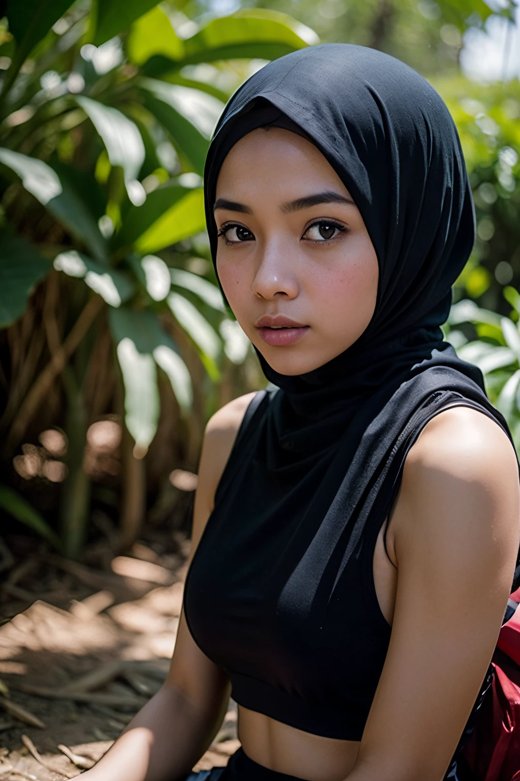 Photograph a Malay girl in hijab as she navigates the jungle, confidently commuting to work or school, showcasing her modern lifestyle in the heart of the city, 35mm lens, Extreme close-up, pastel color grading, depth of field cinematography effect, film noir genre, 8k resolution, high quality, ultra detail,