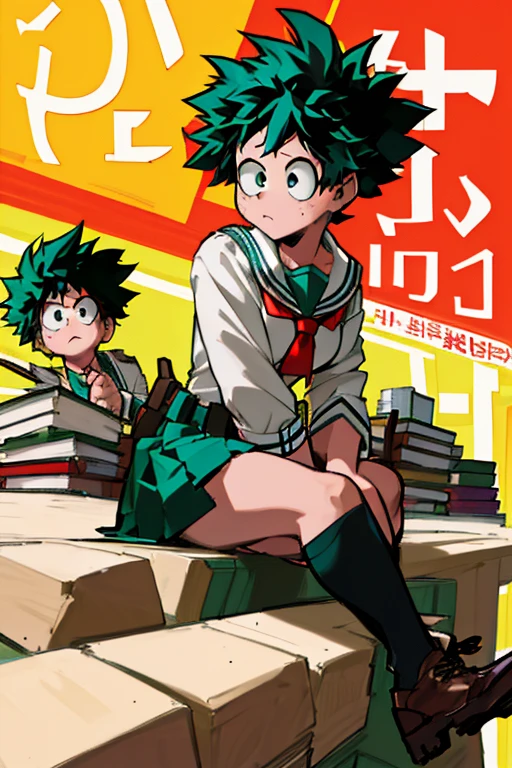 ((Masterpiece: 1.5, Best Quality, High Resolution: 1.3, Super Resolution, Super Detailed, Ultra Detailed: 1.3, Rich Background: 1.2)) (girl 1) pale skin + freckles on cheeks + green eyes + green curly hair + long hair + curvy body + medium breasts + wide hips + (black and red Japanese seifuku uniform, brown school shoes, female version izuku midoriya) (sitting with books around, surprised expression with a pencil in hand)