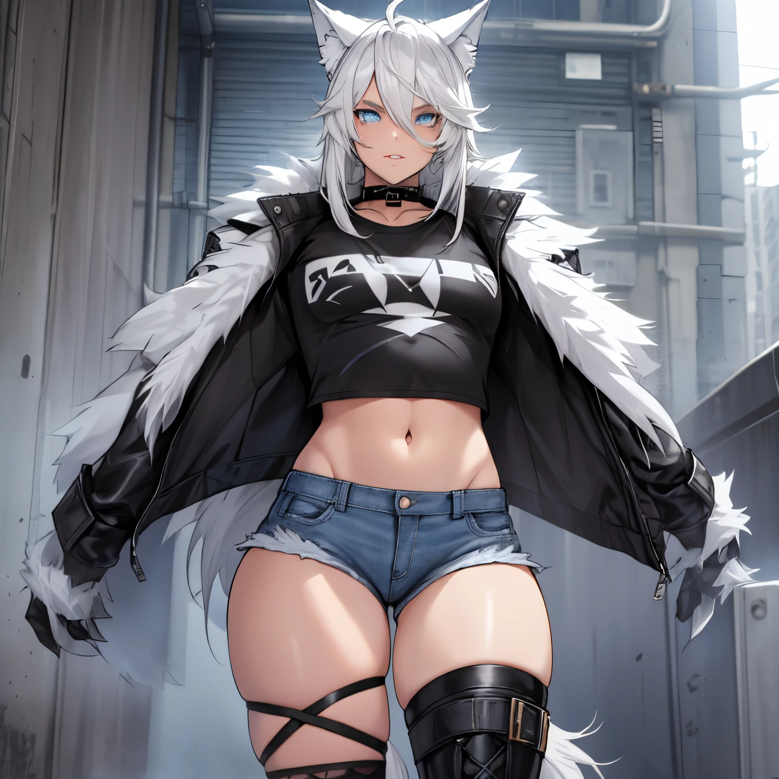 Single boy, Anime Femboy, Short, Long white hair, wolf ears, wolf tail, blue eyes, wearing short denim shorts, thigh high fishnets, black combat boots, wearing fur lined open jacket, flat chest, super flat chest, wearing cropped t-shirt, solo femboy, only one femboy ((FLAT CHEST)) solo, alone, (SOLO)(ALONE) thicc thighs, wide hips, blue eyes, perfect eyes, perfect face, pouty lips, happy, curvy
