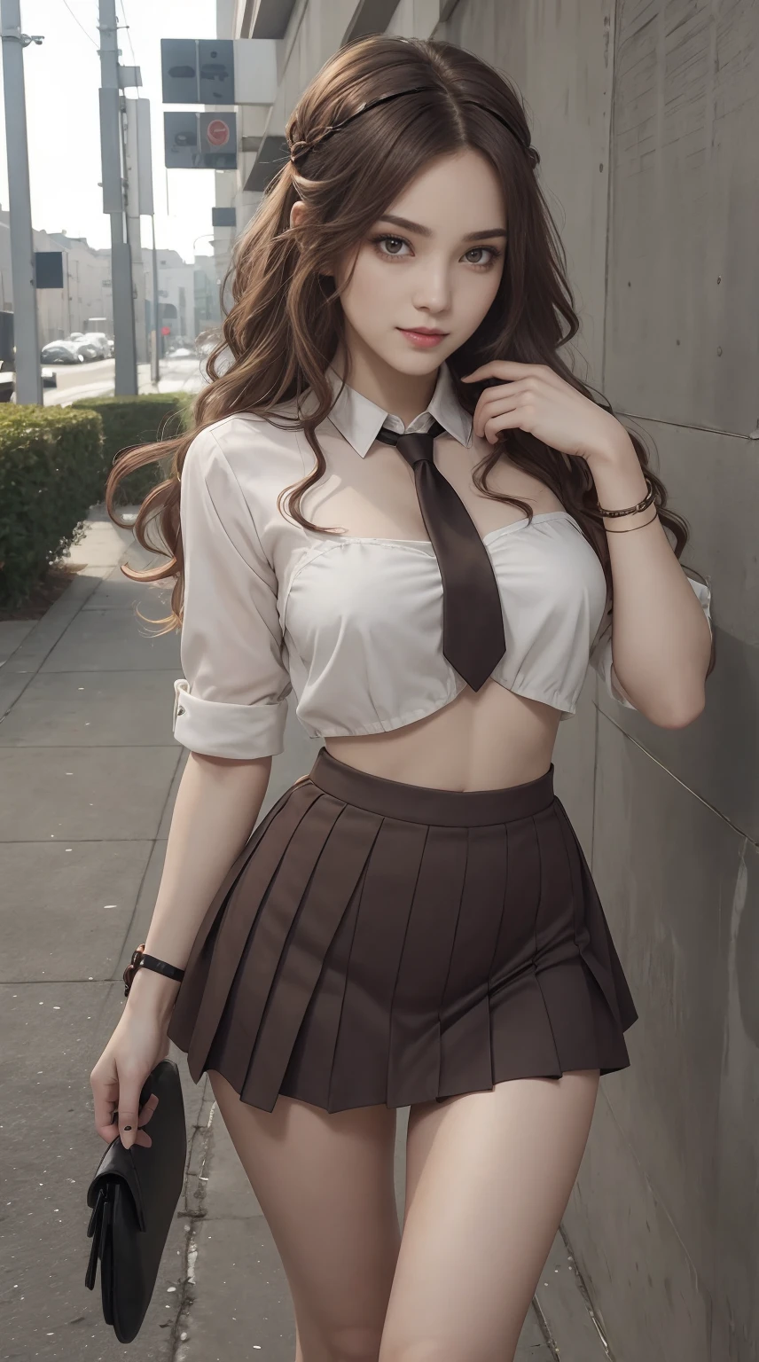 a 25yo woman、Hair color is a gradient color、eye color is brown、Semi-long、hair is wavy、I&#39;m wearing eyeshadow and lipstick、She wears a headband with decorations on it.、accessories on wrist、Slender but well-proportioned muscular body、The navel is visible、wearing a certain tie-front shirt、Chest Pochi、She&#39;s wearing a low-rise mini pleated skirt.、I&#39;m in a maze surrounded by concrete walls、a smile、Looking at the camera、Breast size、You can only see the wall