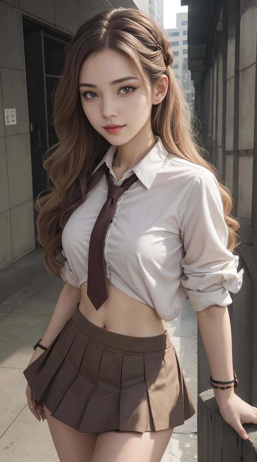 1girl, long brown hair, beautiful detailed eyes, beautiful detailed lips, smile, white skin, short skirt uniform, detailed school uniform, (best quality,4k,8k,highres,masterpiece:1.2),ultra-detailed,(realistic,photorealistic,photo-realistic:1.37),beautiful detailed face, detailed background, natural lighting, vibrant colors, highly detailed, intricate details, soft warm lighting, cinematic composition, elegant, beautiful, photorealistic, studio lighting