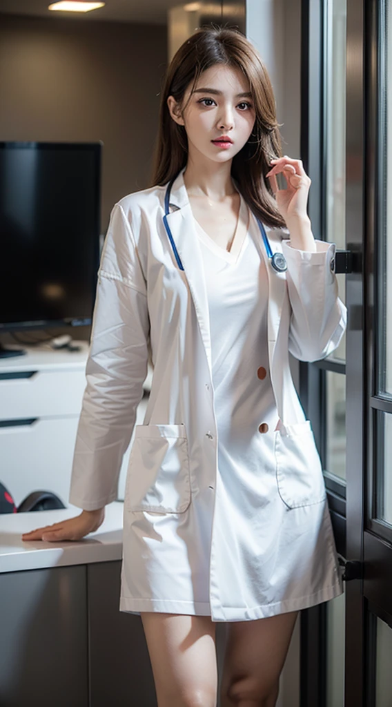 A female doctor,Wear doctor,realistically,Dynamic light punching,Thin stature,Chopping,Full shot,(The is very detailed的 CG unified 8k 壁纸),high detal,lock focus,drama bag,eyeslashes,Photo Reality
