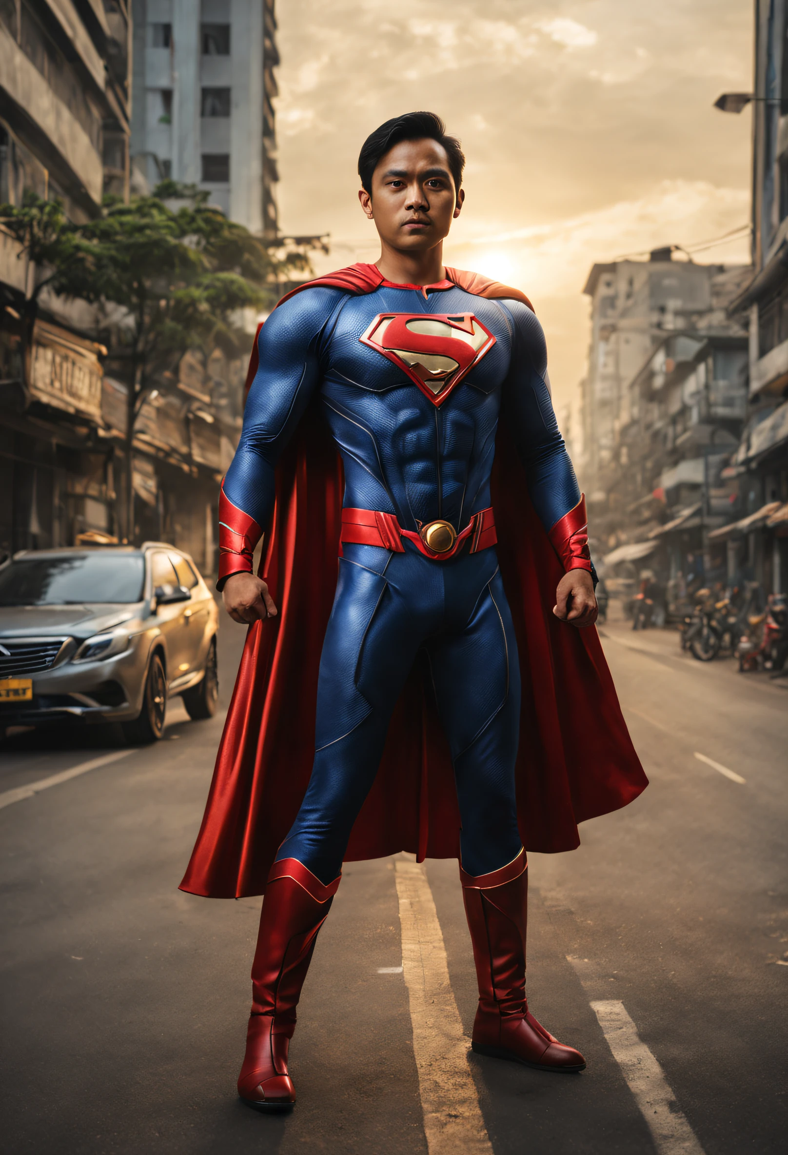 Superhero Indonesian named Gundala Putra Petir, avenue, buildings, cinematic light, blessing, realistic photo