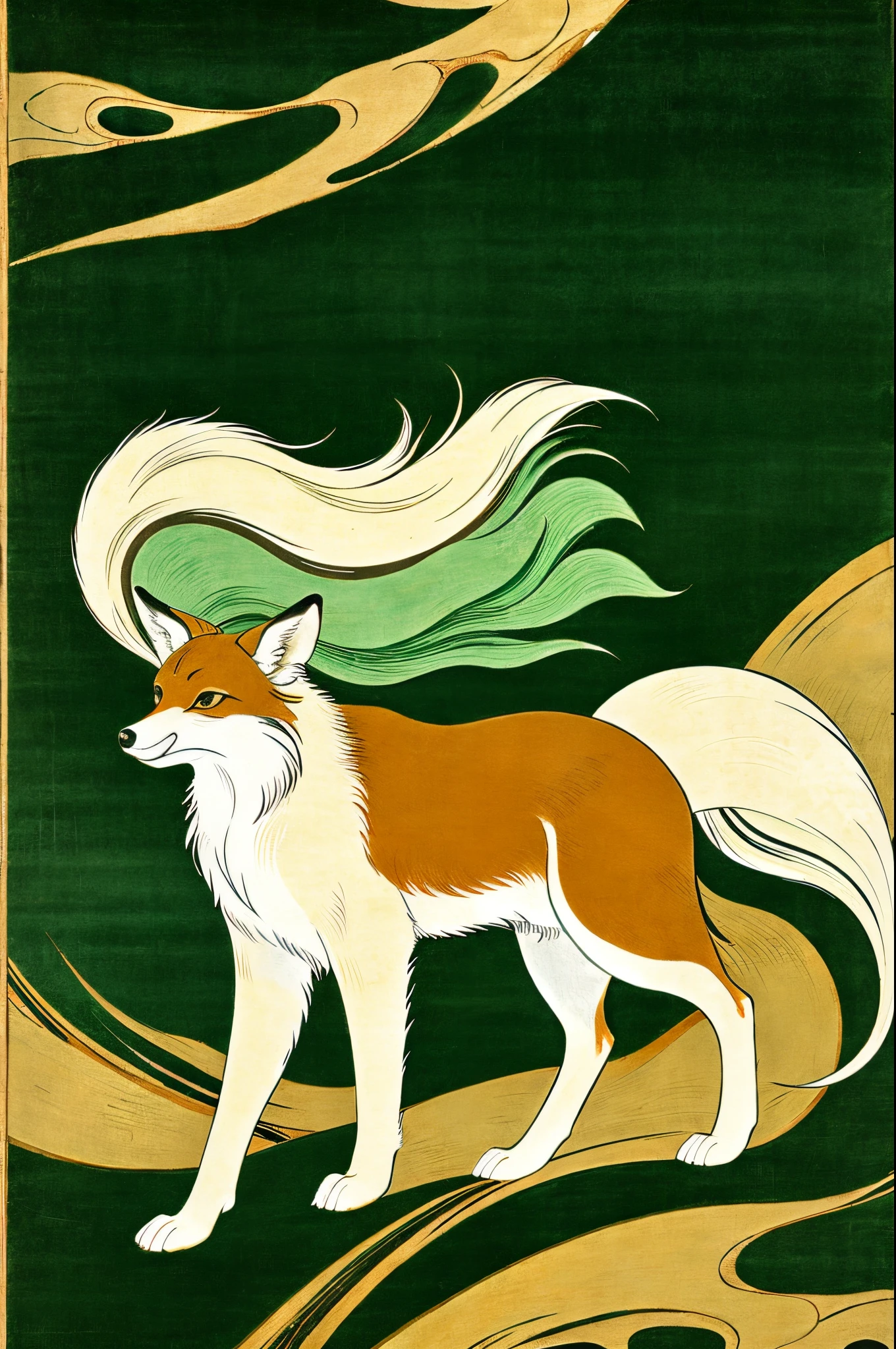 Ancient Chinese painting, Mountain and Sea Classic style, Ukiyo-e style, gold and dark green main color, mountain and sea background, hand-painted style, God beast, ear mouse (body like fox, long and large white tail, mane on neck)