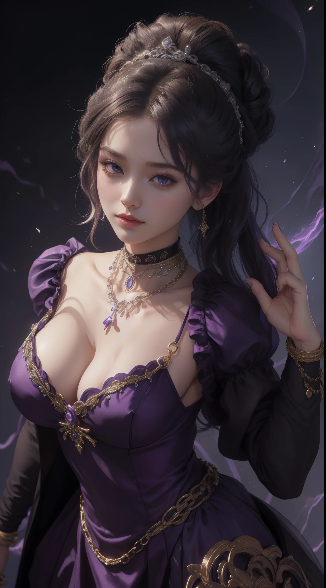 tmasterpiece,Highest image quality,Beautiful bust of older slave sister,Exquisite purple updo hairstyle,blacksilk,Decorated with a series of metal choker and anklet chains,Ultra-detailed details,advanced。At the Pixiv Art Station,Break your own power,Louie,Big breasts exposed,R-18G