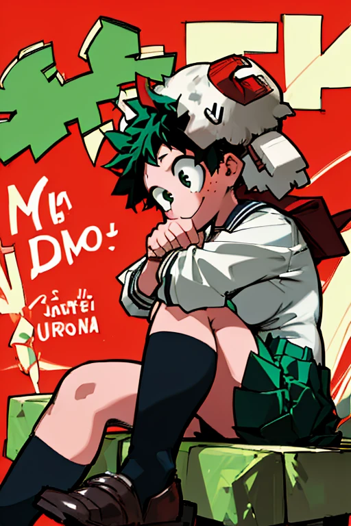 ((Masterpiece: 1.5, Best Quality, High Resolution: 1.3, Super Resolution, Super Detailed, Ultra Detailed: 1.3, Rich Background: 1.2)) (girl 1) pale skin + freckles on cheeks + green eyes + green curly hair + long hair + curvy body + medium breasts + wide hips + (black and red Japanese seifuku uniform, brown school shoes, female version izuku midoriya) (sitting with books around, hugging sheep plush with a smile)