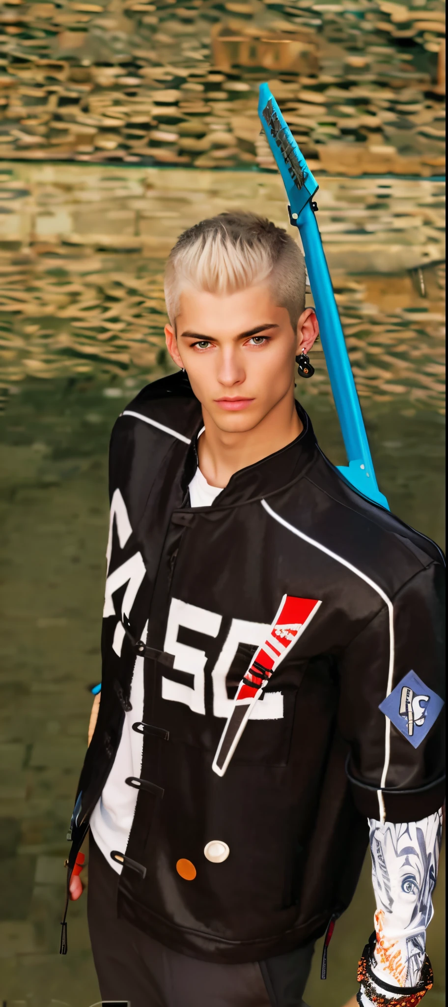 best quality, ultra photorealistic, photorealism, 8k, photograph, photo of a young man, jacket, ear studs, gray scarf, sweater, short windswept light brown hair, fit, beautiful, (effeminate), (shaved), eyeliner, standing on the walkway, background is a crowded street, bokeh, rain, humid, overcast, artificial lights, detailed face and eyes, higly detailed skin, 8k uhd, sharp focus, professional, best quality