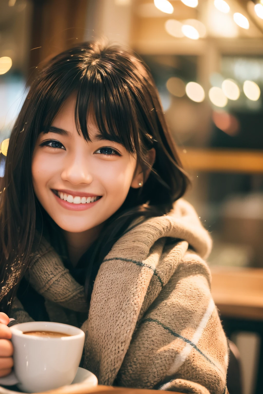 coffee shop big window, girl smiling from the window, The season is winter, Winter fashion, depth of fields, F/2.8, ccurate, Anatomically correct, Textured skin, Super Detail, high details, High quality, Best Quality, hight resolution