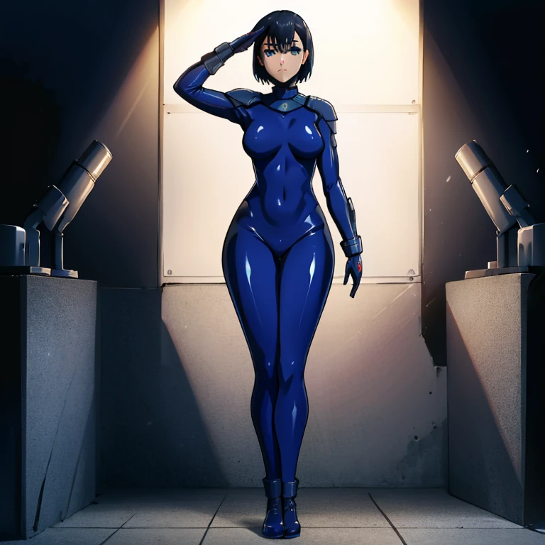 ((two-tone bodysuit:0.9, blue bodysuit:0.9, light blue bodysuit:0.9)) ,numbersuit, ultra-detailed, Explicit, Beautiful body, Beautiful Nose, Beautiful character design, perfect eyes, perfect face, ultra highres, 4K, beautiful legs, perfect legs, Nice hands, Perfect hand, Masterpiece, Best Quality, Highly detailed, illustration, absurdres, girls, multiple girls, expressionless, blank eyes, looking at viewer, emotionless, blue latex, corrution, mind control, female combatant, full body, hypnotized, unhappy trance, full body suit, ribbed bodysuit, both arms at side, stand up straight, obey, perfect female body, extremely glossy latex, hypnosis, hypnoLora, empty eyes, Mind control device, poses, submissive_pose, Slave,  stand up straight, standing, standing at attention, extending the right arm from the shoulder into the air with a straightened hand, nazi saluting, military, military saluting, salute, right hand saluting, left hand at side, latex, ribbed bodysuit, wide hip, thicc, a curvy body, Summertime Renderimg, kofune mio, black hair, short hair, blue eyes