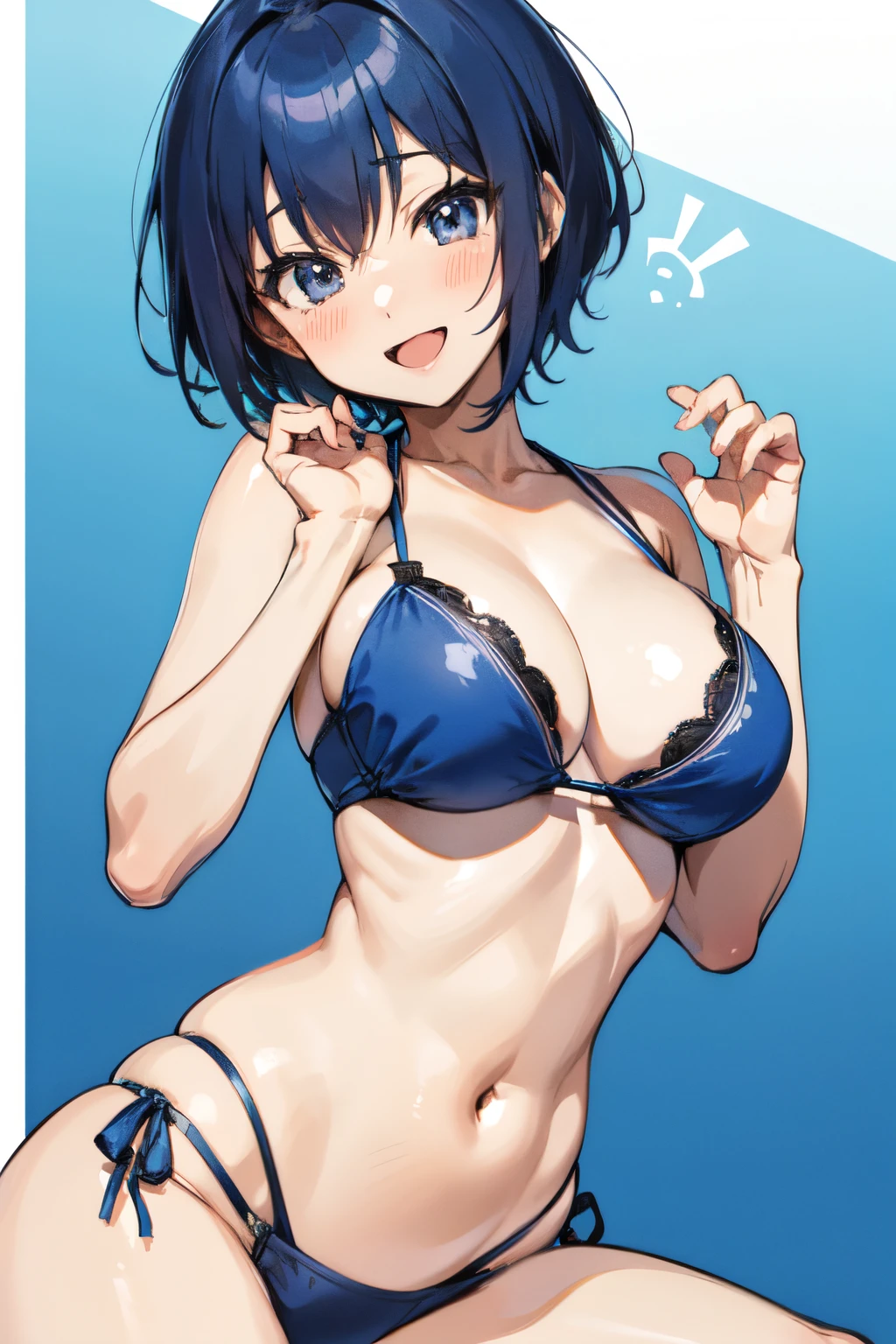 michirutojo, masterpiece, Looking at Viewer,
short hair, blue hair, large breasts,
bikini,
Wink, Smile, Open mouth, blush,