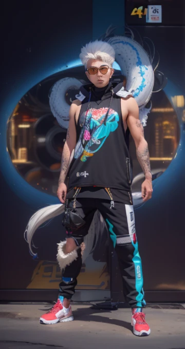 (best quality,4k,highres,ultra-detailed,masterpiece:1.2),ultra-realistic,portraits,anime,detailed hair,stylish fashion,Korean fashion,white hair,handcrafted details,shading and highlights,sleek sunglasses,expressive eyes,charming smile,boys' fashion,sleek and modern background,vibrant colors,attention to small details,studio lighting