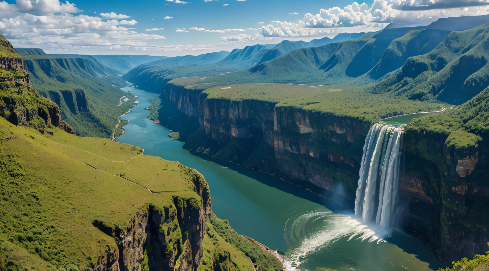 master piece,Best Quality, In a midday setting with a majestic waterfall surrounded by majestic natural beauty、Generates realistic landscape images。