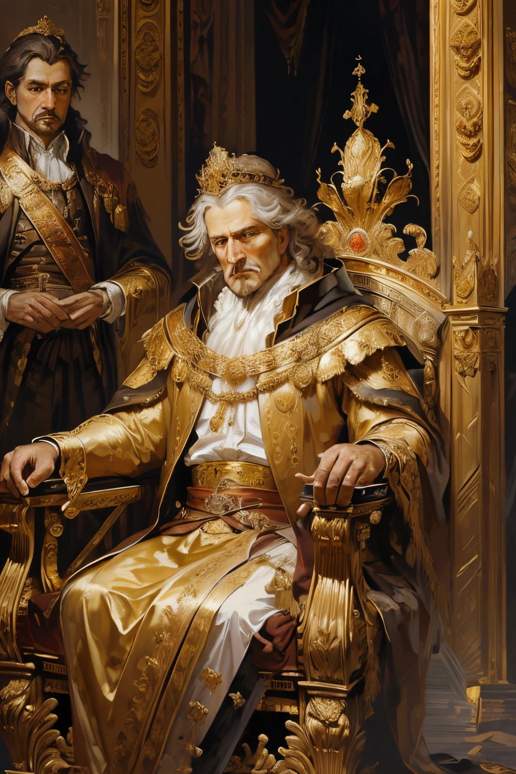 (oil painting,brushstrokes),(18th century),(king sitting on throne),(detailed facial expression),royal attire,regal surroundings,golden crown and scepter,historical setting,soft lighting,rich color palette,luxurious textures,portrait style,classic artistry
