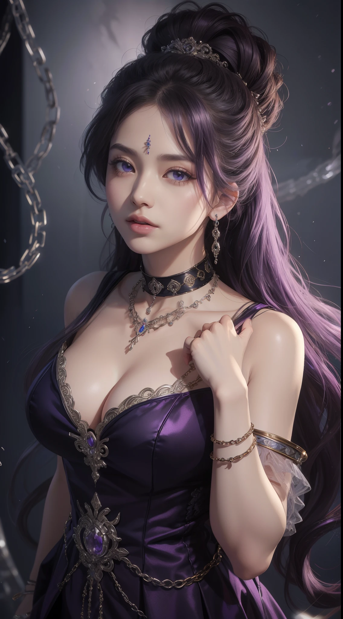 tmasterpiece,Highest image quality,Beautiful bust of older slave sister,Exquisite purple updo hairstyle,blacksilk,Decorated with a series of metal choker and anklet chains,Ultra-detailed details,advanced。At the Pixiv Art Station,Break your own power,Louie, exposed,R-18G