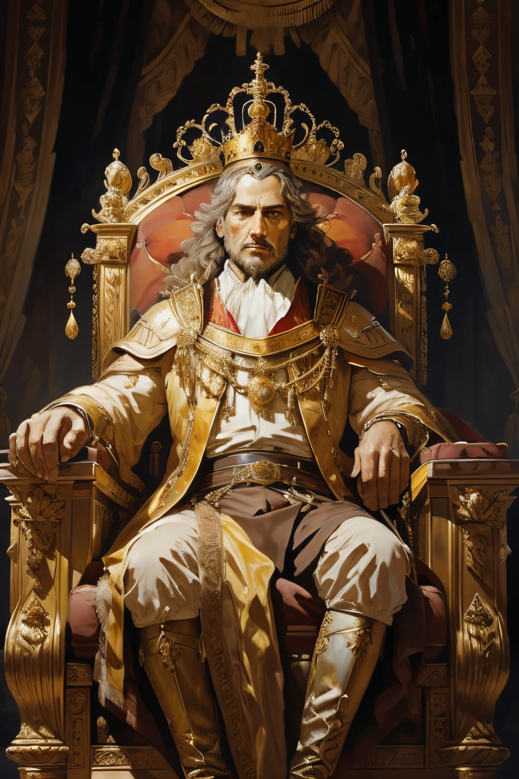 (oil painting,brushstrokes),(18th century),(king sitting on throne),(detailed facial expression),royal attire,regal surroundings,golden crown and scepter,historical setting,soft lighting,rich color palette,luxurious textures,portrait style,classic artistry