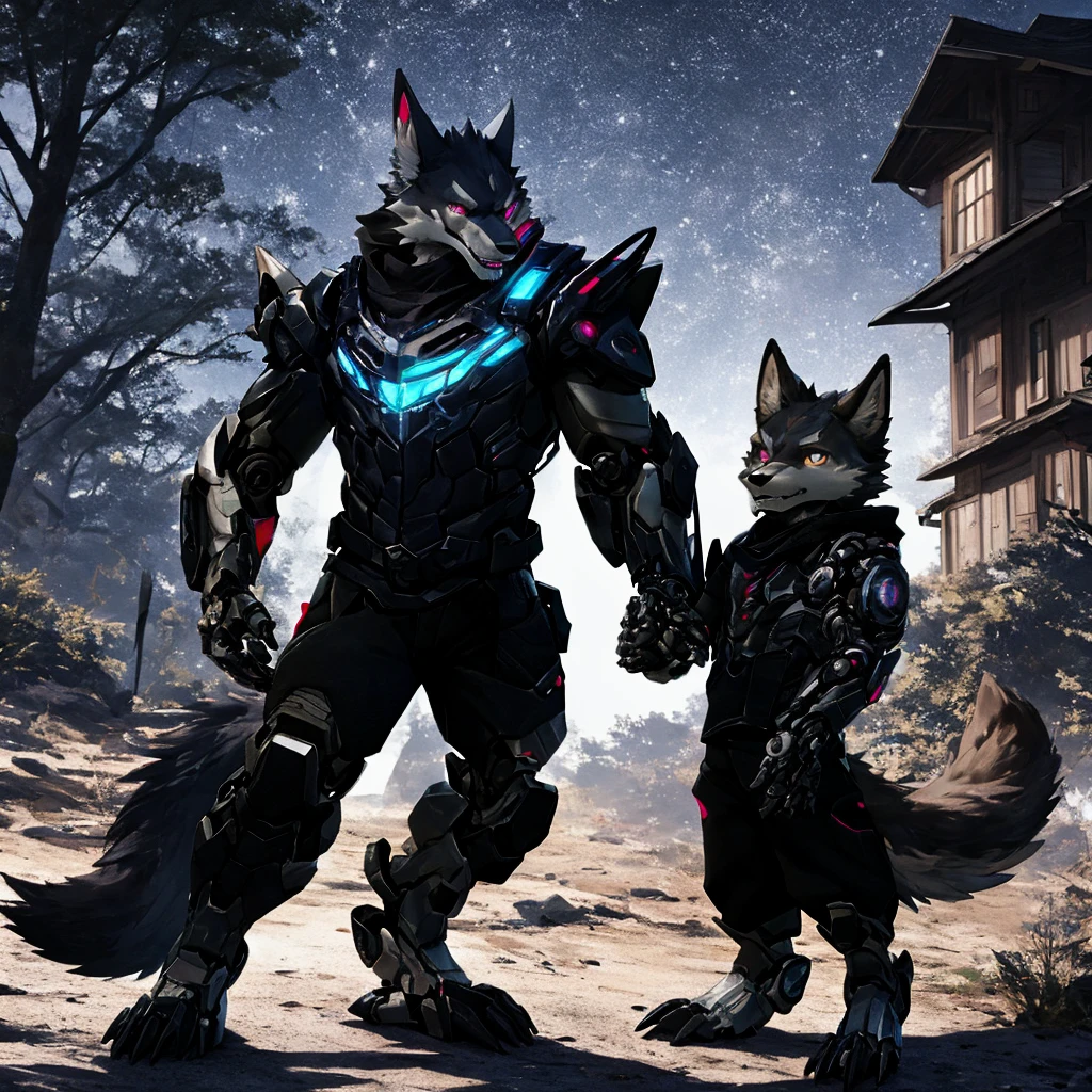 Advanced Bionic Mecha、Cyblog、anthro、werewolf man、Male child、Blue、child body shape、coyote、full body Esbian、musculature、Short stature、delicated face、Delicat eyes、1tail、(Glowing LEDs)、The energy、digitigrade、outside of house、the Extremely Detailed CG Unity 8K Wallpapers、realisitic、masterpiece、top-quality、lensflare、unrealengine、Trending on ArtStation、Convoluted、high detal、Dramatic、真实感、beautiful and detailed lighting、shadowy