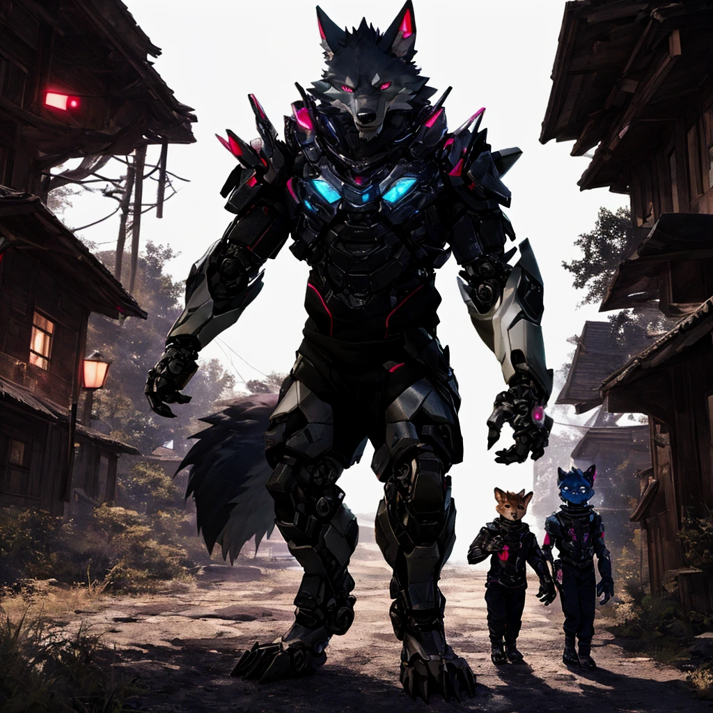 Advanced Bionic Mecha、Cyblog、anthro、werewolf man、Male child、Blue、child body shape、coyote、full body Esbian、musculature、Short stature、delicated face、Delicat eyes、1tail、(Glowing LEDs)、The energy、digitigrade、outside of house、the Extremely Detailed CG Unity 8K Wallpapers、realisitic、masterpiece、top-quality、lensflare、unrealengine、Trending on ArtStation、Convoluted、high detal、Dramatic、真实感、beautiful and detailed lighting、shadowy