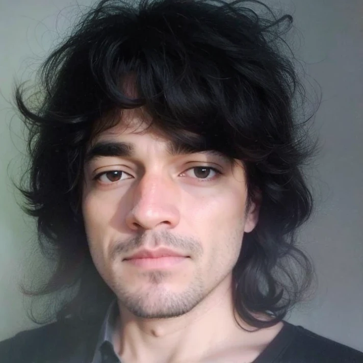 32 years old man man com longos cabelos pretos e uma camisa preta, corte de cabelo longo mullet, dark brown eyes, early 1970's