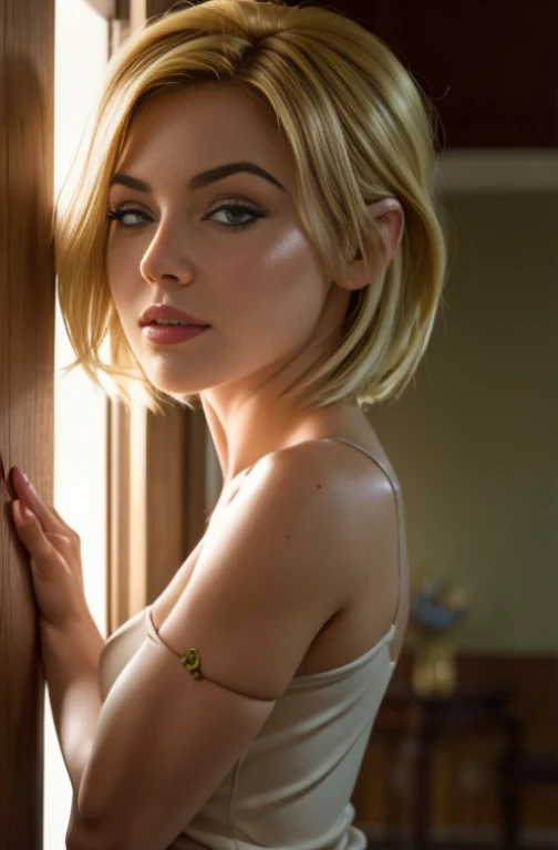 8k quality, wet body, nude body, shy, sexy, clean body, little breasts, dakota fanning, shy, short hair, lies, arched, ass, hands squeeze ass, little ass, back view