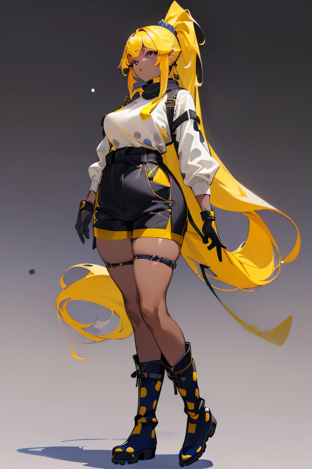 (1girl) A young, ((plump)) woman with dark skin, purple eyes, and (((long, yellow hair with bangs and a long ponytail that goes down to her waist))), wearing a ((plain white sweater)), ((yellow shorts with black dots)), (long black gloves), (long black socks), and (((blue boots with black dots and blue straps)))