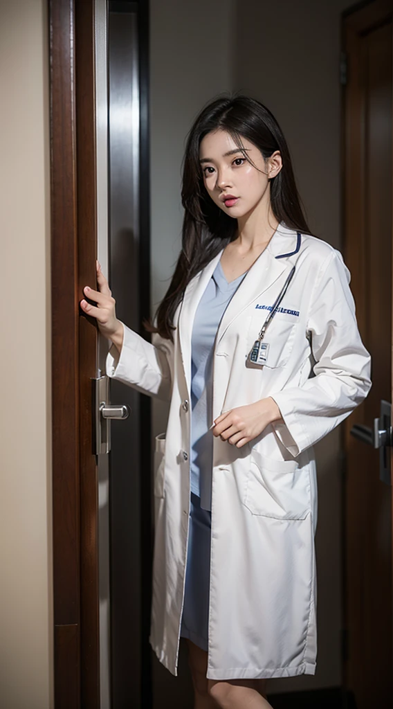 A female doctor,Wear doctor,realistically,Dynamic light punching,Thin stature,Chopping,Full shot,(The is very detailed的 CG unified 8k 壁纸),high detal,lock focus,drama bag,eyeslashes,Photo Reality,in hospital