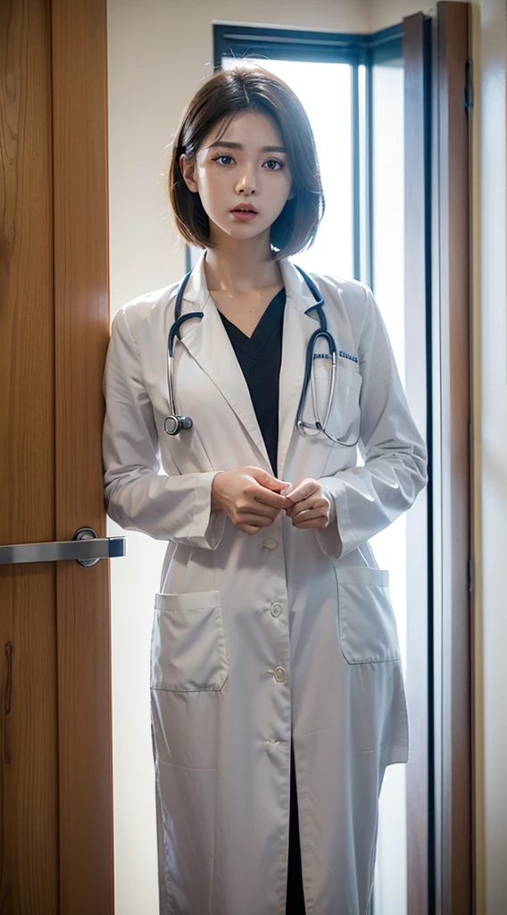 A female doctor，Wear doctor，realistically，Dynamic light punching，Thin stature，Chopping，Full shot，（The is very detailed的 CG unified 8k 壁纸），high detal，lock focus，drama bag，eyeslashes，Photo Reality，in hospital