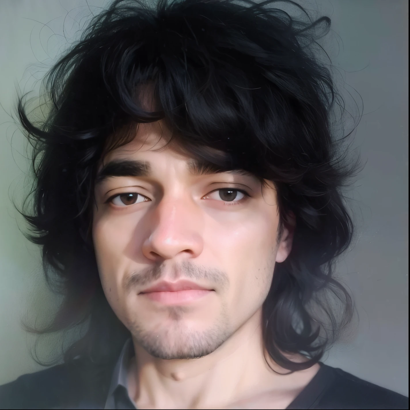32 years old man man com longos cabelos pretos e uma camisa preta, corte de cabelo longo mullet, dark brown eyes, early 1970's