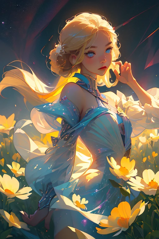 (best quality, masterpiece), 1girl, pose, particle, wind, flower, upper body, simple background, looking at viewer, blonde, galaxy,