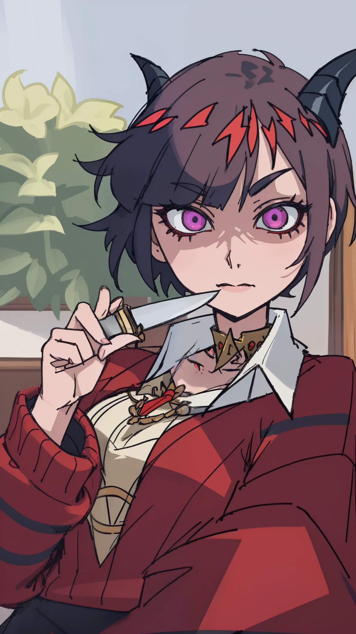 (Best quality,2d:1.2),tmasterpiece:1.2,ultra - detailed,Extremely detailed eyes and face,devil horns girl, I have a sharp knife in my hand,Detailed drawing of knife,Devil's horns are short and pointed,Short hair details,Aztec style devil horns,Ursula,anime girl in real life,high-necksweater,Claw-like hands hold tightly,