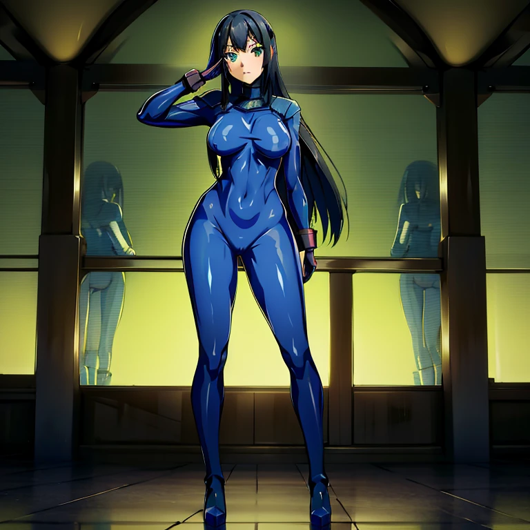 ((two-tone bodysuit:0.9, blue bodysuit:0.9, light blue bodysuit:0.9)) ,numbersuit, ultra-detailed, Explicit, Beautiful body, Beautiful Nose, Beautiful character design, perfect eyes, perfect face, ultra highres, 4K, beautiful legs, perfect legs, Nice hands, Perfect hand, Masterpiece, Best Quality, Highly detailed, illustration, absurdres, girls, multiple girls, expressionless, blank eyes, looking at viewer, emotionless, blue latex, corrution, mind control, female combatant, full body, hypnotized, unhappy trance, full body suit, ribbed bodysuit, both arms at side, stand up straight, obey, perfect female body, extremely glossy latex, hypnosis, hypnoLora, empty eyes, Mind control device, poses, submissive_pose, Slave, stand up straight, standing, standing at attention, extending the right arm from the shoulder into the air with a straightened hand, nazi saluting, military, military saluting, salute, right hand saluting, left hand at side, latex, ribbed bodysuit, wide hip, thicc, a curvy body, Shinonome Satsuki, Love, Elections, and Chocolates, long hair, black hair, green eyes, red hair ornament,