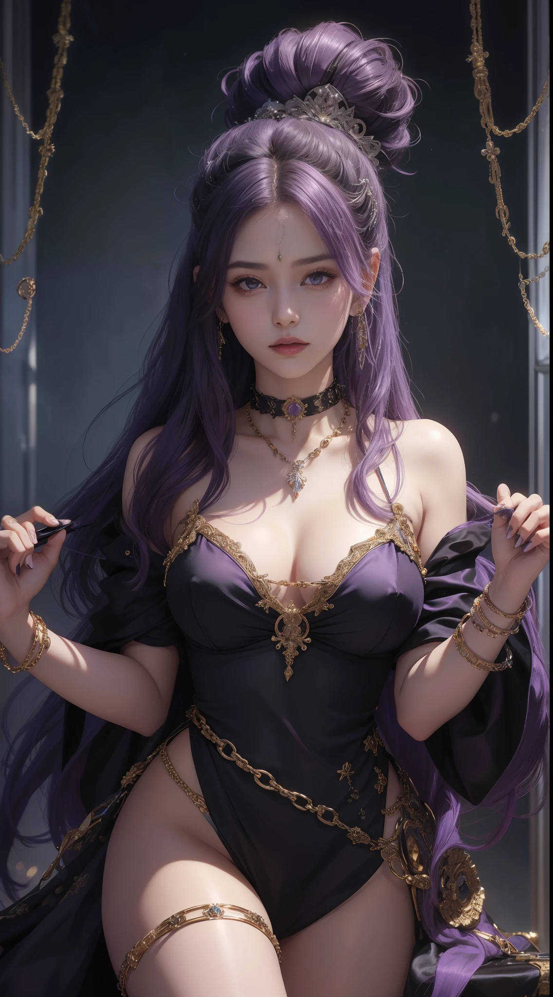 tmasterpiece,Highest image quality,Beautiful bust of older slave sister,Exquisite purple hairstyle,blacksilk,Decorated with a series of metal choker and anklet chains,Ultra-detailed details,advanced。At the Pixiv Art Station,Break your own power,Louie,Big breasts exposed,R-18G