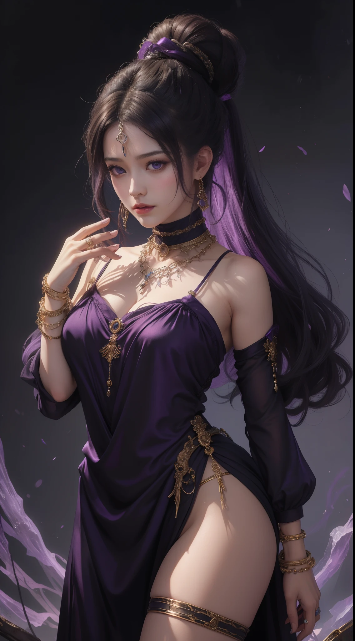 tmasterpiece，Highest image quality，Beautiful bust of old slave sister，Exquisite purple updo hairstyle，blacksilk，Decorated with a range of metal chokers and anklets，Ultra-detailed details，advanced。At the Pixiv Art Station，Break your own power，，The kinky is exposed，R-18G