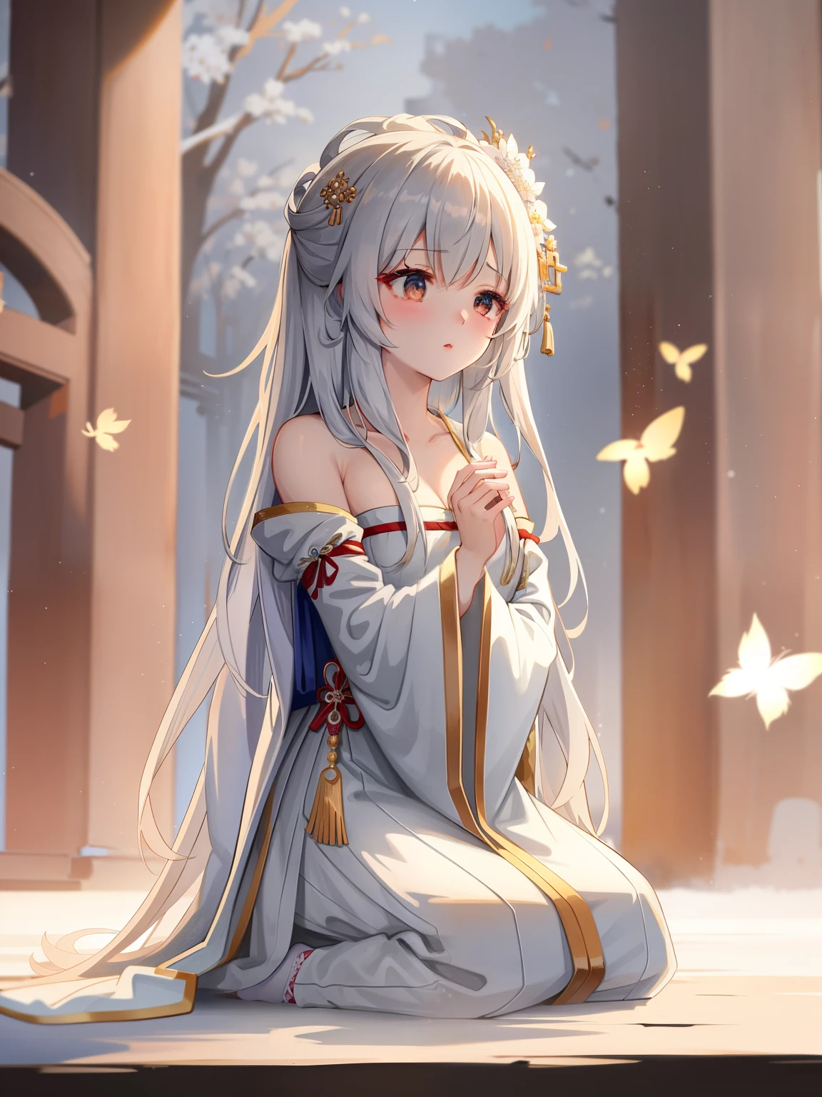 anime girl in white dress kneeling on the ground with her hands clasped, palace , a girl in hanfu, artwork in the style of guweiz, guweiz, guweiz masterpiece, white hanfu, flowing hair and long robes, flowing white robes, hanfu, beautiful character painting, guweiz on pixiv artstation, wearing robes
