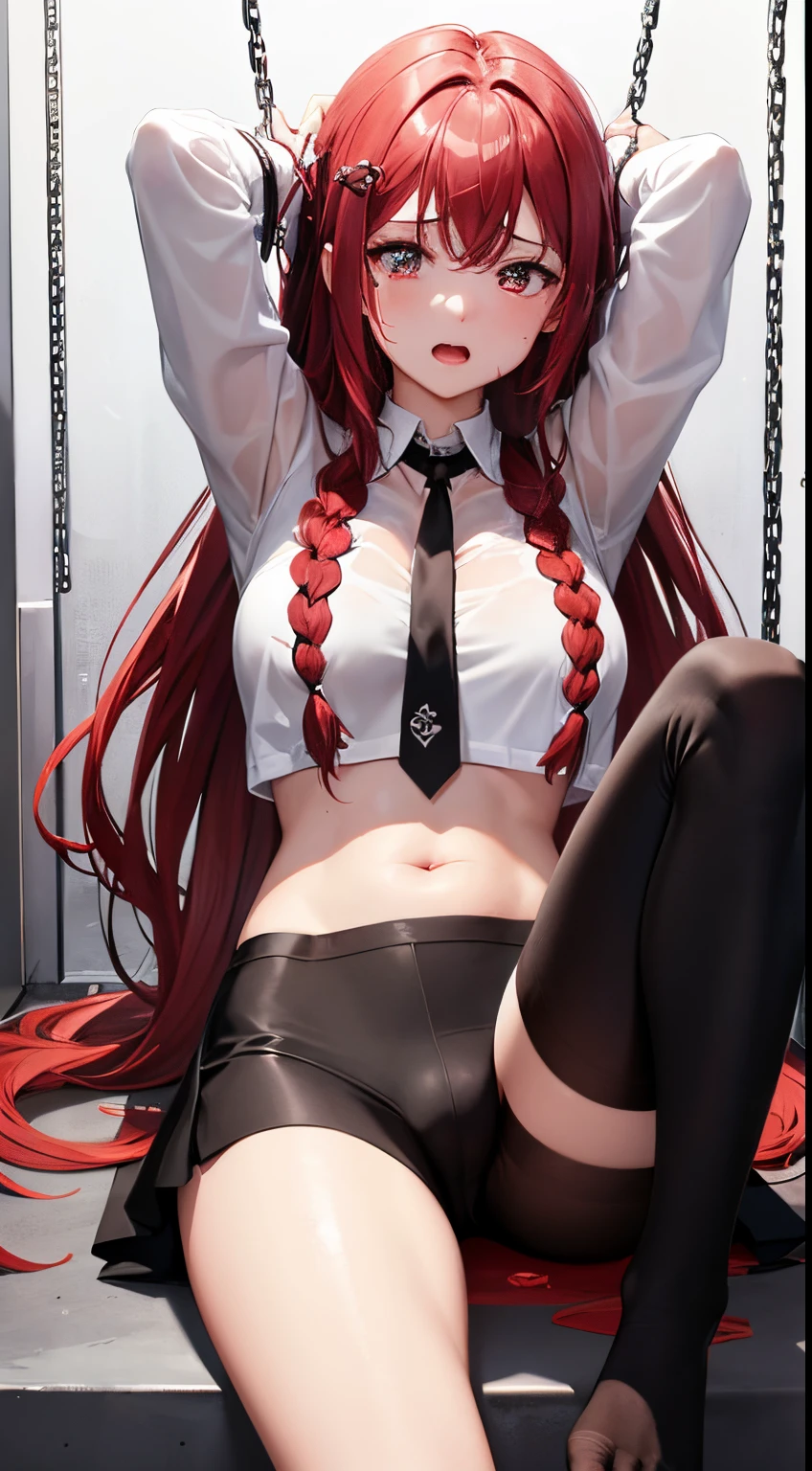 Raise your legs and hang in the air,Expose the soles of your feet、Lie down with your hips turned away、soles of feet、M-shaped legs、Woman opening her legs、Clothes melting、master piece、1人、独奏、Braids、Torn clothes、Handcuffs、Chains、a navel、Tearack arms:1.2)、shibari、Chains、heart - shaped pupils、Scream、Hand flail、Flail、Ruined restroom、red hair、White shirt、black necktie、Black pants