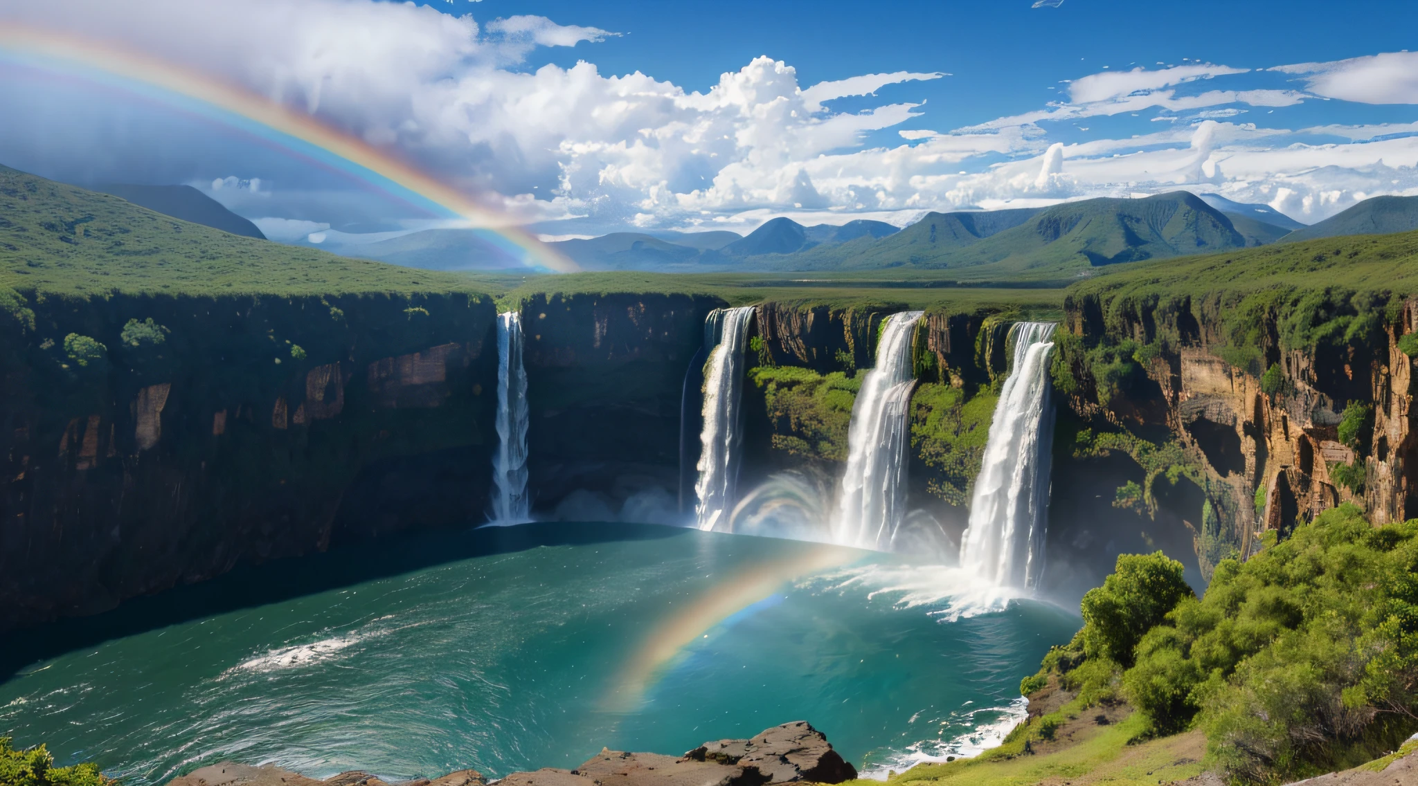 master piece,Best Quality, In a midday setting with a majestic waterfall surrounded by majestic natural beauty、Generates realistic landscape images。,blue-sky,rainbows