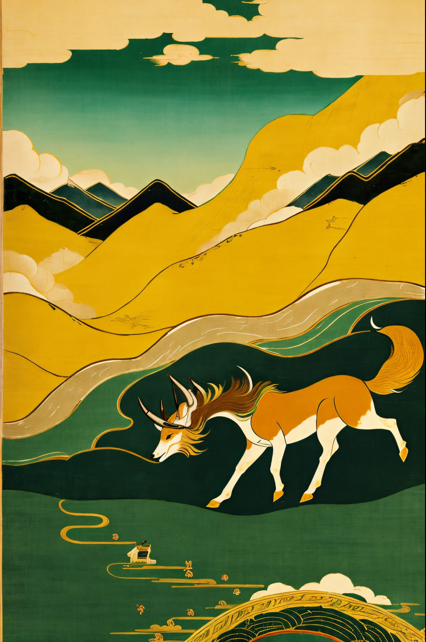 Ancient Chinese painting, Mountain and sea classic style, Ukiyo-e style, gold and dark green main colors, mountain and sea background, hand-painted style, divine beast, riding yellow (is a horse, looks like a fox, has horns on its back, yellow hair color, feet on auspicious clouds, long tail)