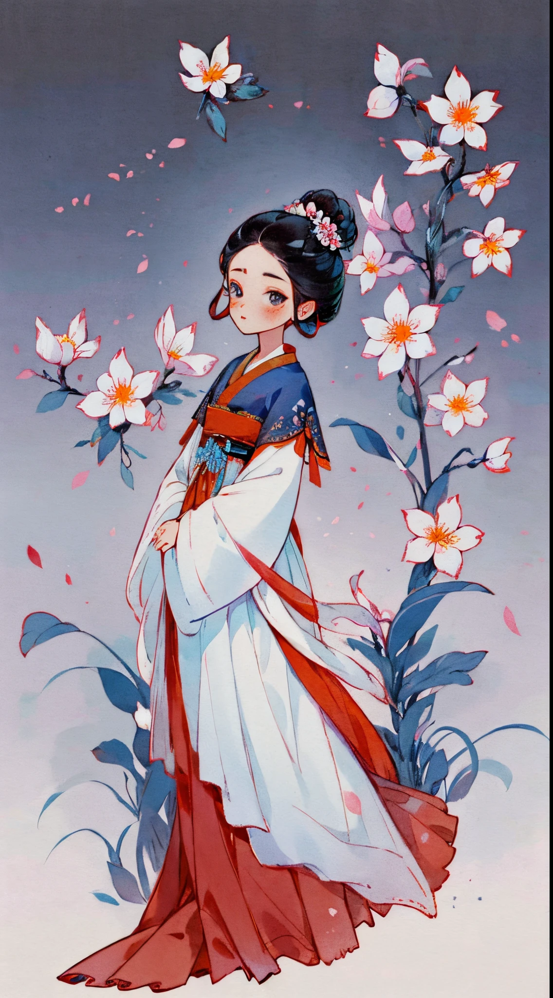 1girll, Alone, looking at viewert, Be red in the face, Background with, black hair color hair, hair adornments, longer sleeves, white backgrounid, everlasting, Full body lesbian, blossoms, hairflower, hair-bun, butterflys, tmasterpiece, recent quality, best detail, Clear facial features, 美丽细致的眼睛