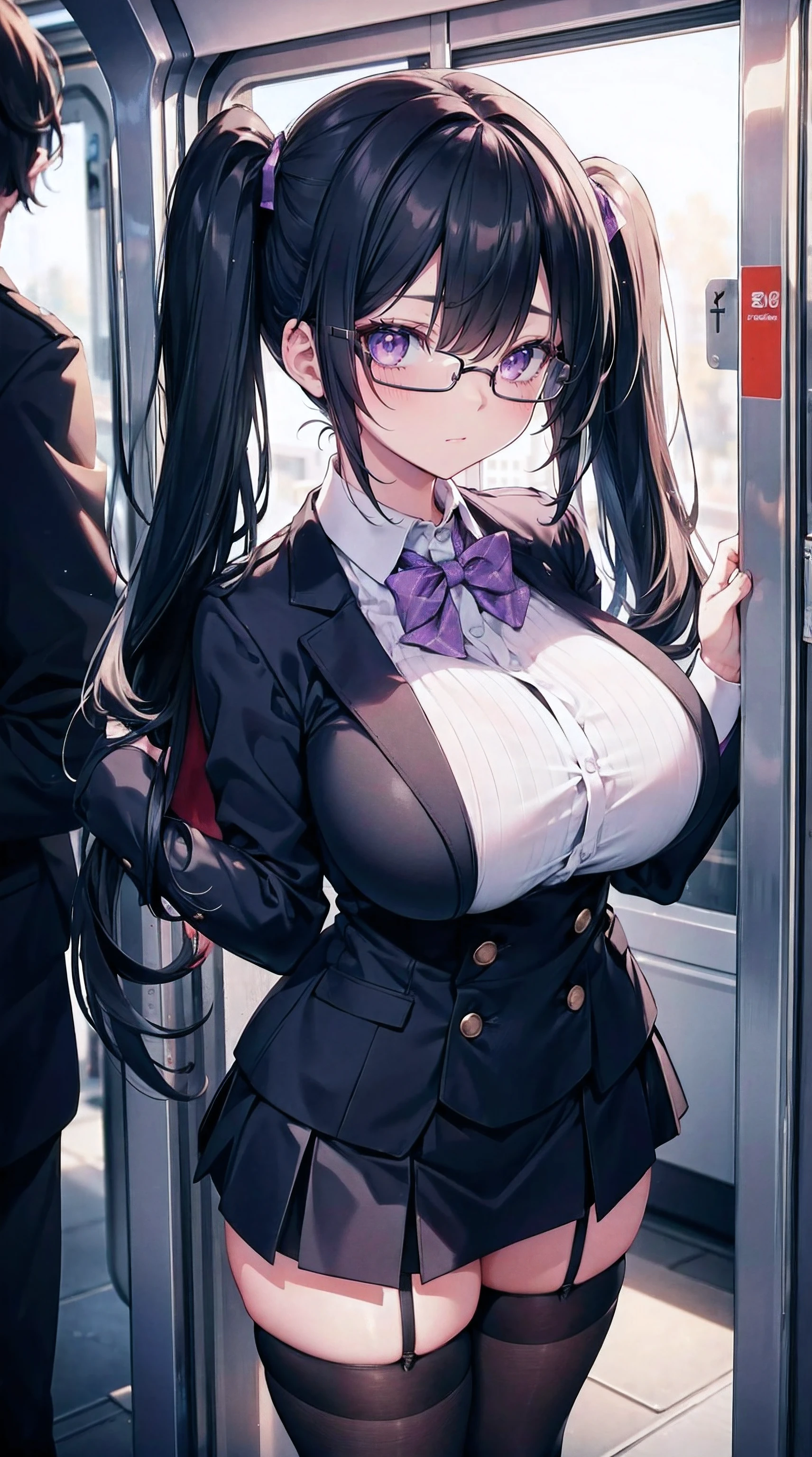 absurdo, Contenido sexual, 8k, High resolution, Ultra detallado, papel tapiz, Perfect lighting, Sombras perfectas, Hermosos ojos, Obra maestra, La mejor calidad, mujer muy avergonzada, pechos enormes, muslos enormes, Uniforme escolar, She is on a train and a man touches her in a perverted way from behind, Cabello negro con dos coletas y flequillo que cubre un ojo., purple eyes, ojos detallados, usa gafas, Medias hasta el muslo, Rostro de mujer detallado