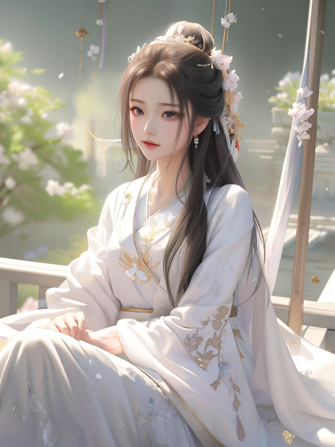 arafed woman in a white dress sitting on a bench, palace ， a girl in hanfu, white hanfu, flowing hair and long robes, artwork in the style of guweiz, guweiz, beautiful character painting, hanfu, dressed with long fluent clothes, ((a beautiful fantasy empress)), a beautiful fantasy empress, ethereal beauty