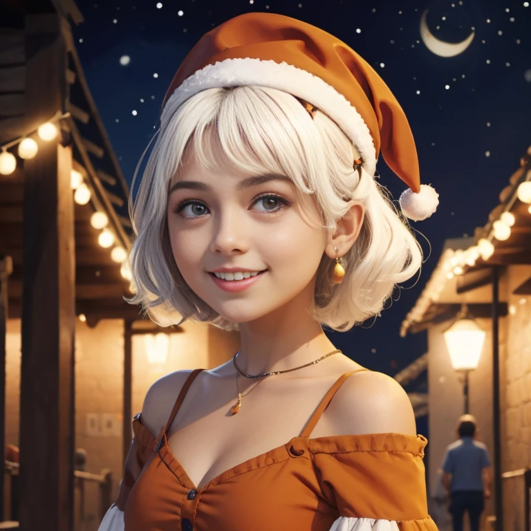 hemosa chica adolesente morena , hermosa chica latina, 15 years ,una mujer joven con cabello blanco , pelo blanco , chica albina , , ella esta sola , Es de noche, pevas en mejillas , wear christmas dress, vestido de santa claus , obra maestra, luz cinematografica, sonriente, feliz, cuerpo completo , fondo variado