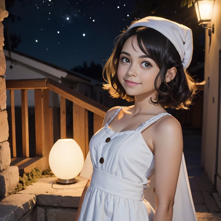 hemosa chica adolesente morena , hermosa chica latina, ,una mujer joven con cabello blanco , pelo blanco , chica albina , , ella esta sola , Es de noche, pevas en mejillas , wear christmas dress, vestido de santa claus , obra maestra, luz cinematografica, sonriente, feliz, cuerpo completo , fondo variado