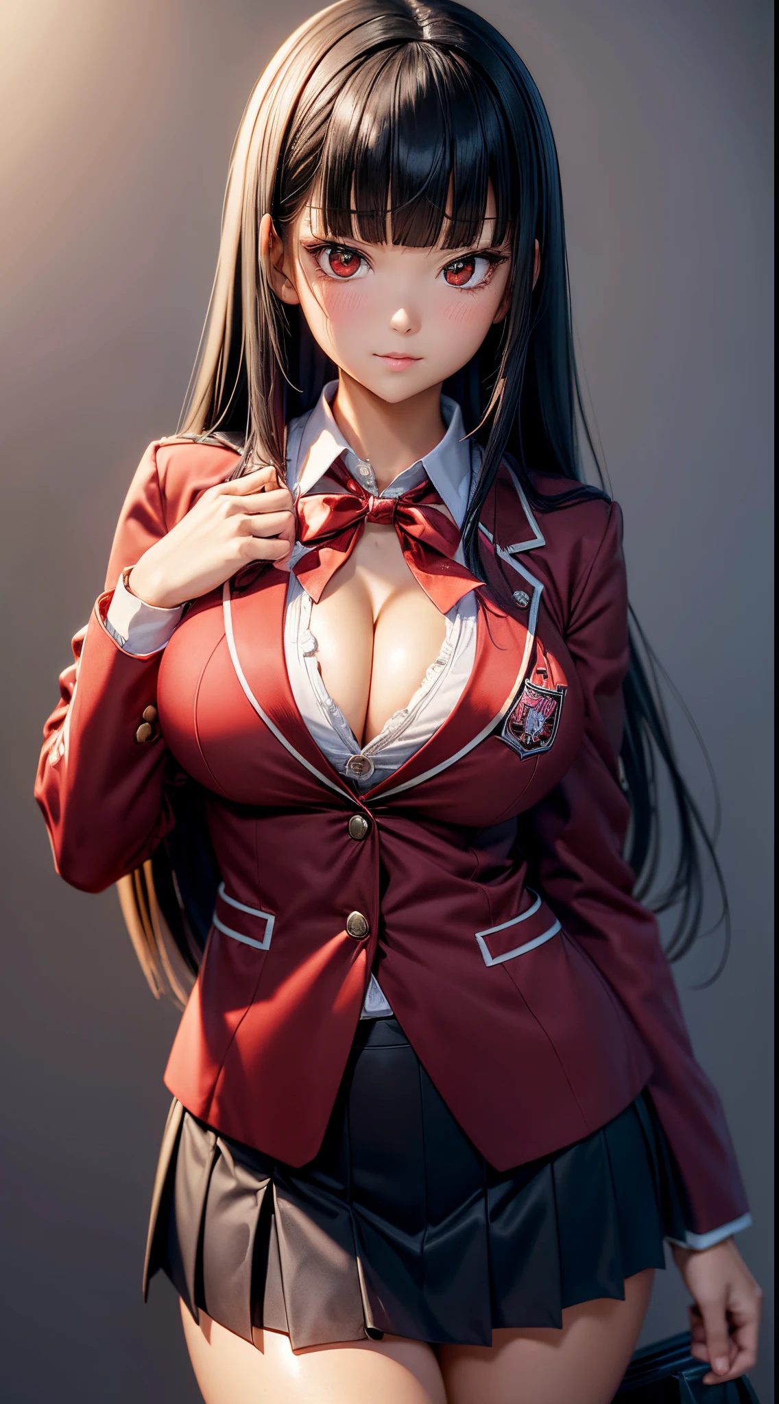 ((Best Quality)), ((masutepiece)), (Detailed), Perfect face　A detailed face　younggirl　cleavage of the breast　red eyes　long, thick black hair　 Blunt bangs　Solid background color　is standing　Student Council President　blazers　a miniskirt　Wear school uniforms