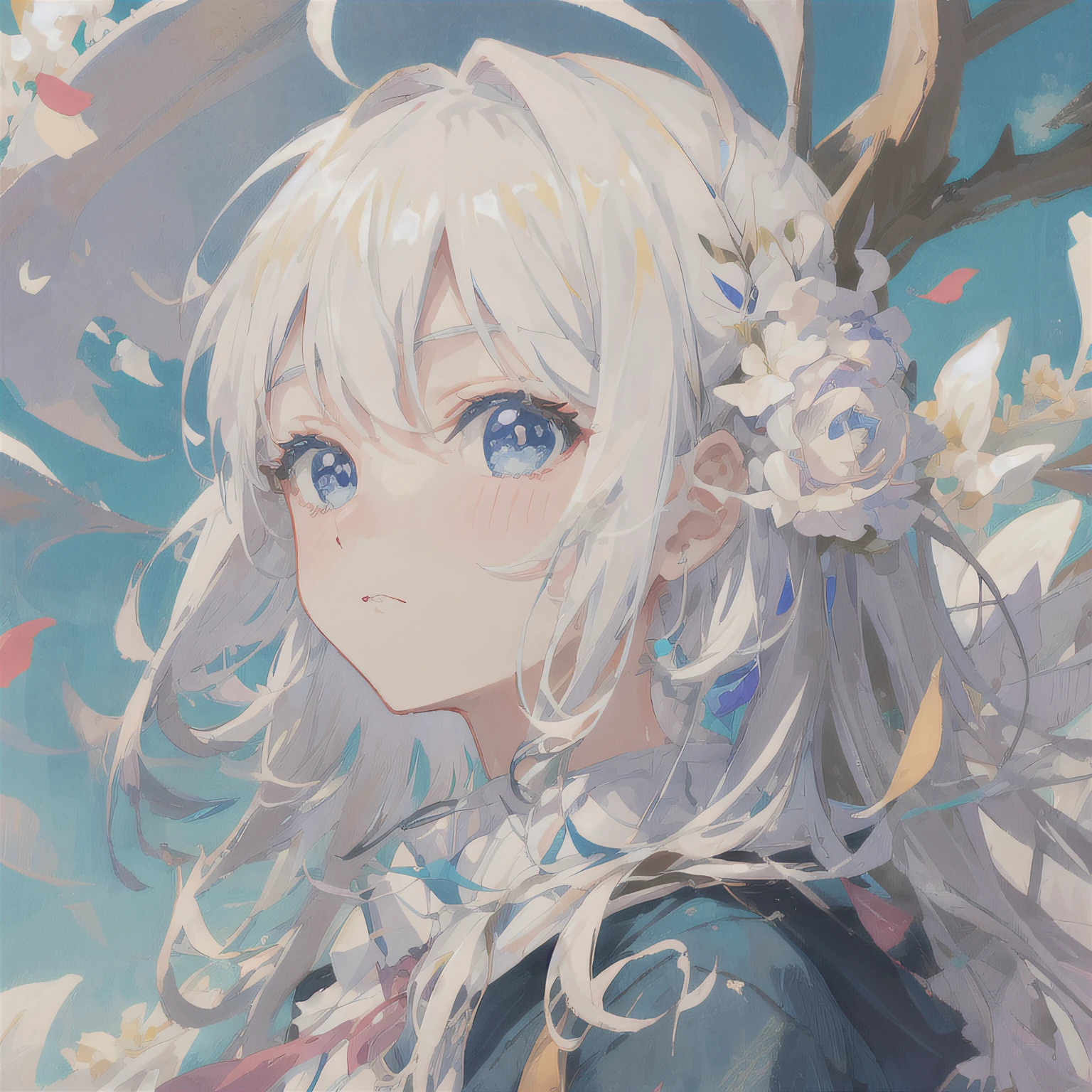Anime manga girl,Long white hair,eBlue eyes,There is a flower on the hair, A beautiful anime portrait, clean and meticulous anime art, Girl with white hair, white-haired god, Anime visuals of a cute girl, detailed digital anime art, detailed portrait of an anime girl, Official artwork, cute anime girl portraits, white haired lady, anime style portrait, White hair
