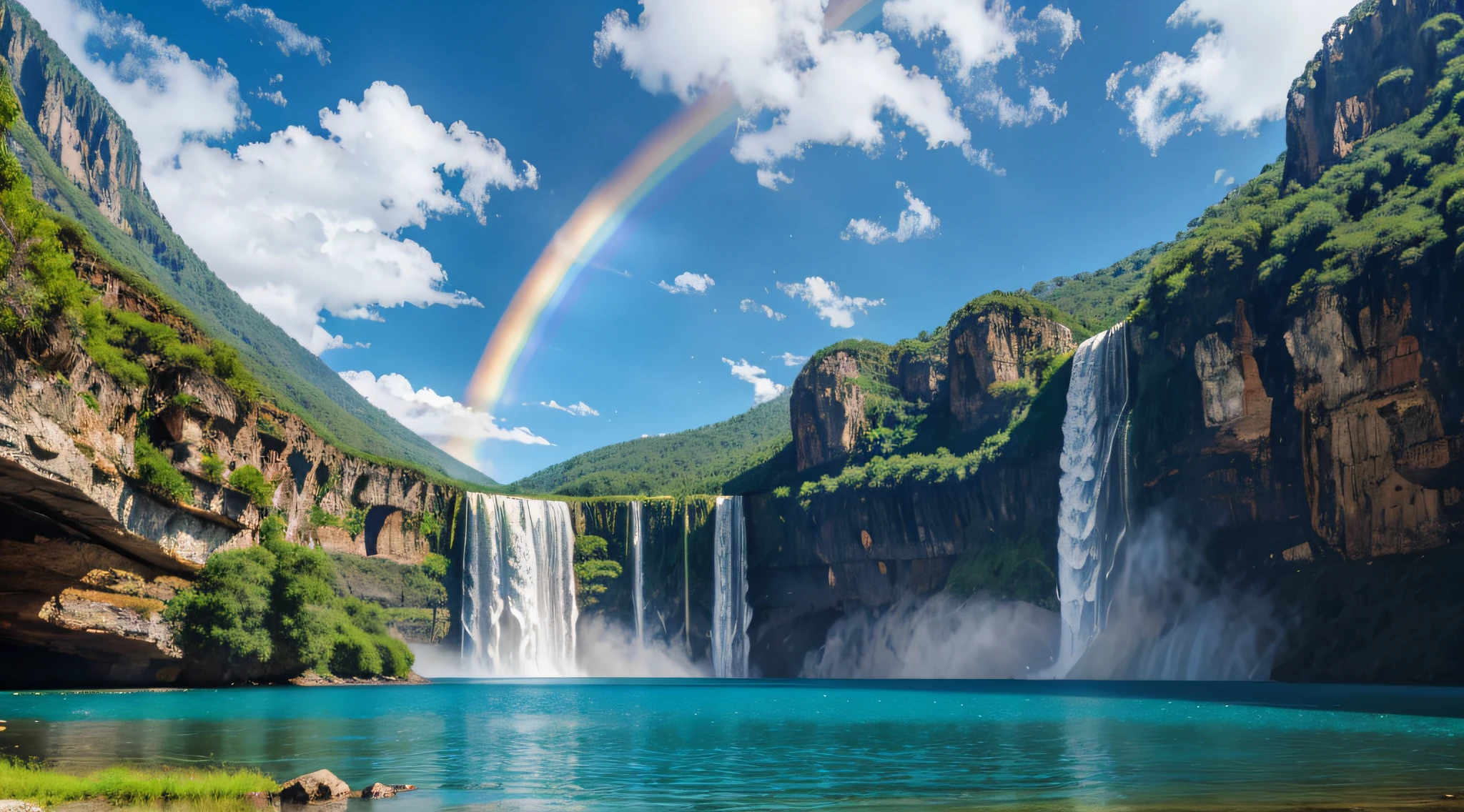 ​master piece,Best Quality, In a midday setting with a majestic waterfall surrounded by majestic natural beauty、Generates realistic landscape images。,blue-sky,one big rainbow
