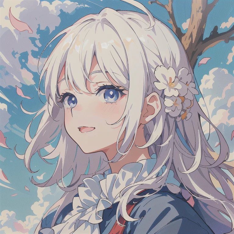 animemanga girl,Long white hair,eBlue eyes,There is a flower on the hair, a beautiful anime portrait, clean and meticulous anime art, Girl with white hair, white-haired god, Anime visuals of a cute girl, detailed digital anime art, detailed portrait of an anime girl, Official artwork, white haired lady, cute anime girl portraits, White hair, anime style portrait, cute anime girl portraits