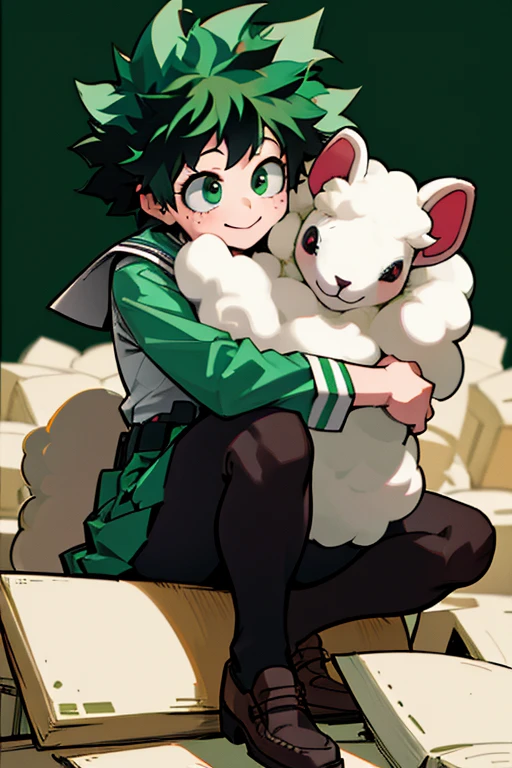 (Masterpiece: 1.5, Best Quality, High Resolution: 1.3, Super Resolution, Super Detailed, Ultra Detailed: 1.3, Rich Background: 1.2)) (girl 1) pale skin + freckles on cheeks + green eyes + green curly hair + long hair + curvy body + medium breasts + wide hips + (black and red Japanese seifuku uniform, brown school shoes, female version izuku midoriya) (sitting with books around, hugging sheep plush with a smile)