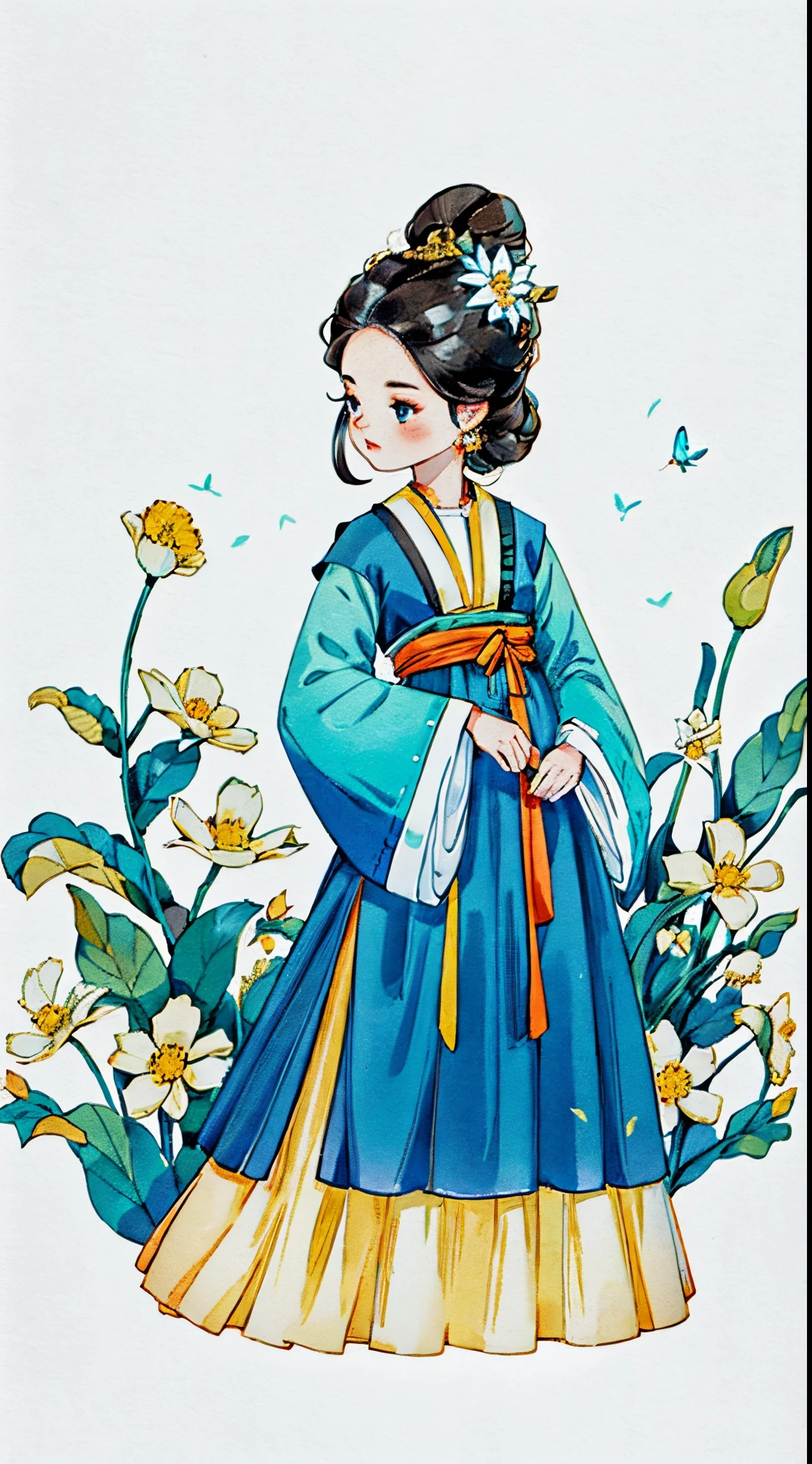 1 sister, Alone, looking at viewert, face flushed, Background with, black hair color hair, hair adornments, longer sleeves, white backgrounid, everlasting, Full body lesbian, blooming flower, hairflower, hair-bun, butterflys, tmasterpiece, recent quality, The finest details