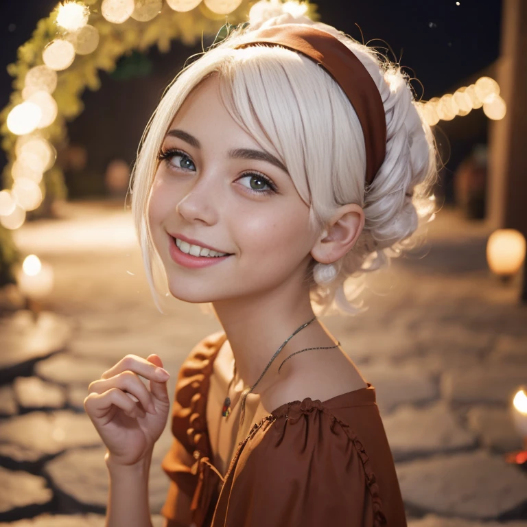 hemosa chica adolesente , hermosa chica latina, ,una mujer joven con cabello blanco , pelo blanco , chica albina , ojos azules , ella esta sola , Es de noche, pecas en mejillas , wear christmas dress, vestido de santa claus , obra maestra, luz cinematografica, sonriente, feliz, cuerpo completo , fondo variado